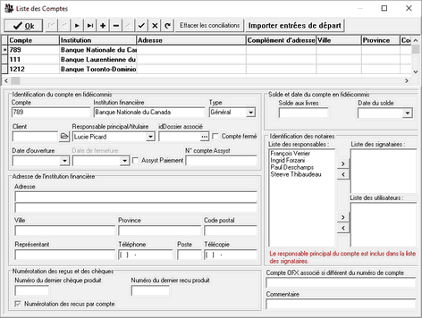 Liste des comptes