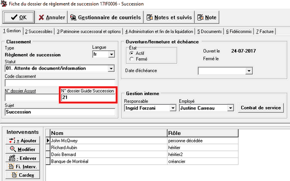 Fiche du dossier Règlement succession