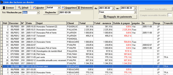 Liste des factures