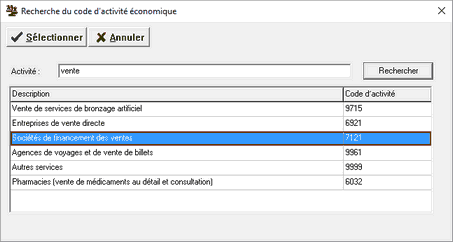 Remplir Incorporation provinciale_Recherche code activite economique