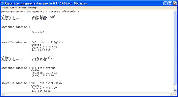 Rapport changements adresse