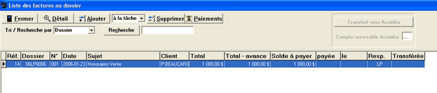 Liste factures au dossier