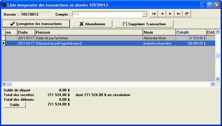 Liste temporaire des transactions