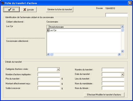 Fiche du transfert d'actions