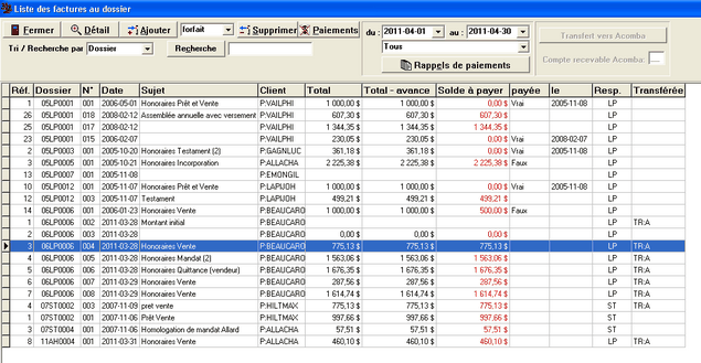 Liste des factures au dossier