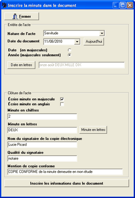 Inscrire la minute dans le document XML