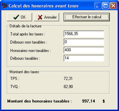 Calcul honoraires avant taxes