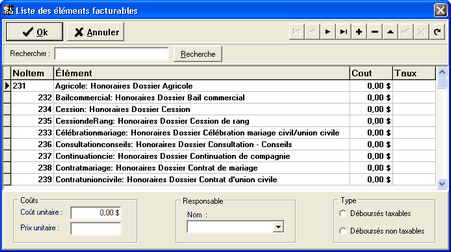 Liste des elements facturables