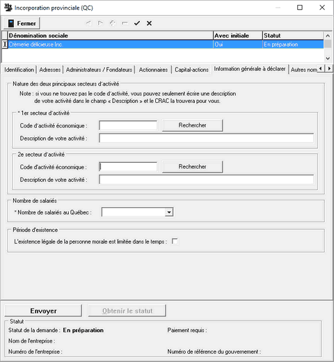 Remplir Incorporation provinciale_Information generale a declarer