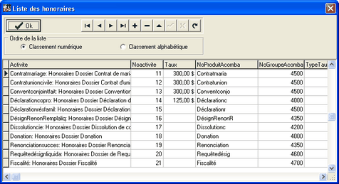 Liste des honoraires
