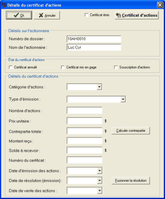 Details du certificat d'actions