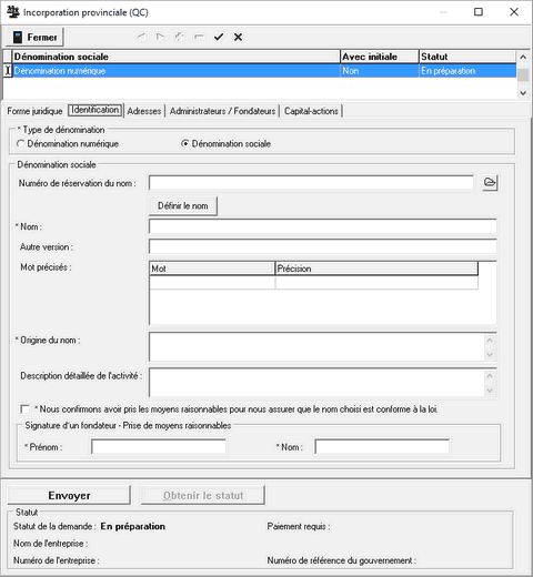 Remplir Incorporation provinciale_Identification