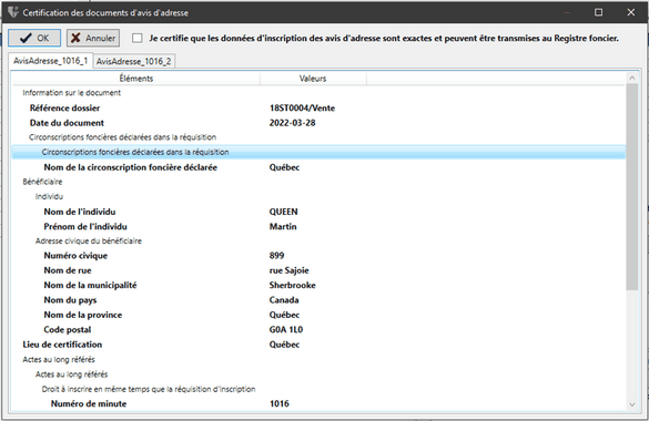 Certification documents avis adresse